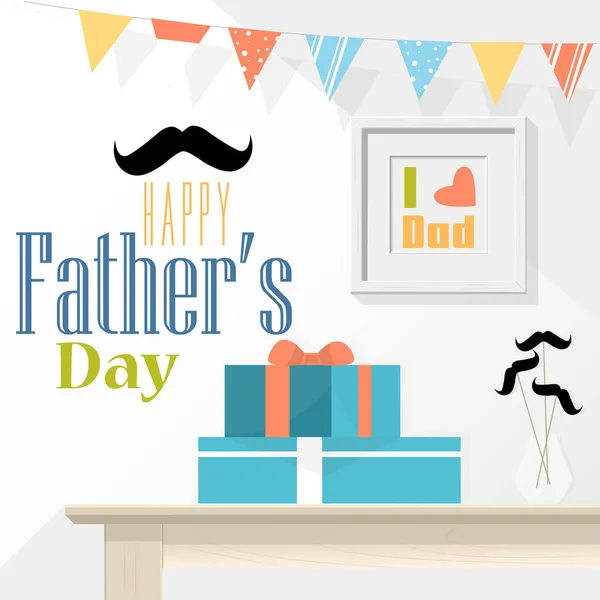 Glücklicher Vatertag. Vektor Hintergrund mit Geschenken, Fahnen, Schnurrbart. Ich liebe meinen Vater. — Stockvektor