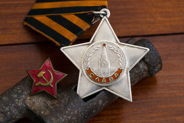 Rare soviet military awards on vintage background. Red star and Glory order. — 图库照片