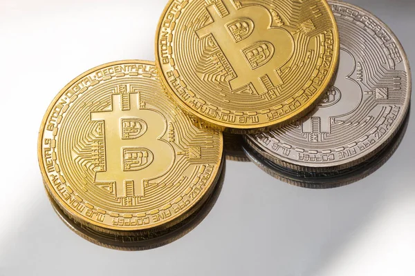 Golden and silver bitcoins close up — Stock Photo, Image