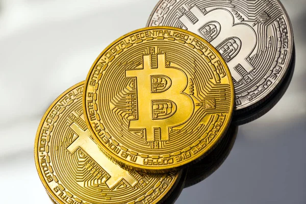 Golden and silver bitcoins close up — Stock Photo, Image