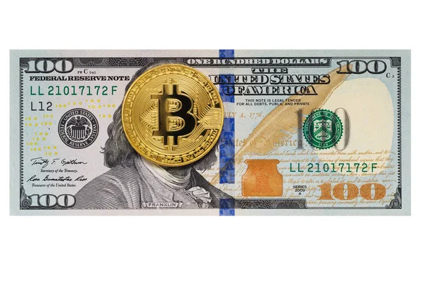 Billete de cien dólares con cara cubierta de bitcoin. Concepto de pago anónimo . —  Fotos de Stock