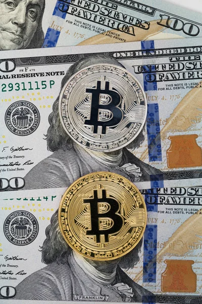 Hundred dollar bills with bitcoin covered face. Anonymous payment concept. — Stock Photo, Image