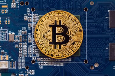 Altın bitcoin ve bilgisayar çipi.