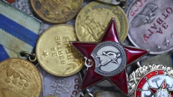 Collection Rare Soviet Military Medals Orders — Stock Video