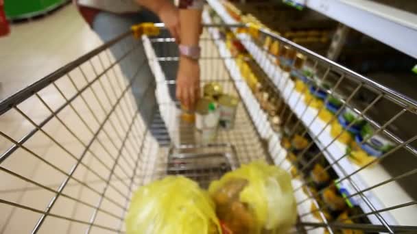 Carrinho de compras em movimento em um grande supermercado — Vídeo de Stock