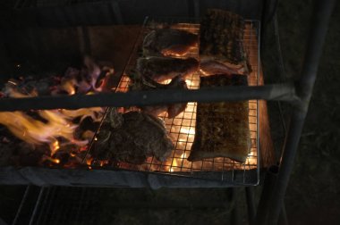 Yakın çekim, taze çiğ et ve ızgarada ızgara kömür ocağı, açık havada bbq kampı pişirme..