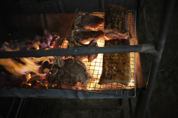 Close up , Fresh raw meat beef and pork sliced grilling on rack charcoal stove, cooking bbq camping outdoor. — Stock Photo, Image