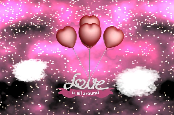 Miłość jest wszędzie z balonem w kształcie serca. 3d Renderowanie — Zdjęcie stockowe