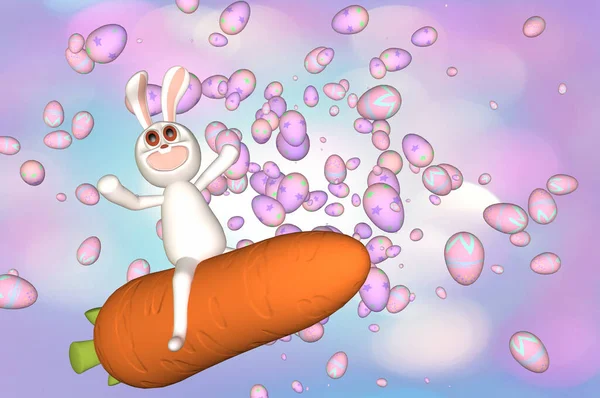 Bunny Racing Karotka Velikonočním Vejcem Pozadí Koncept Veselé Velikonoce — Stock fotografie