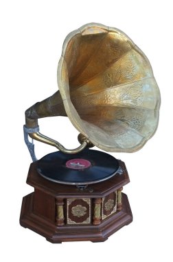 Retro old gramophone with horn  on white background clipart