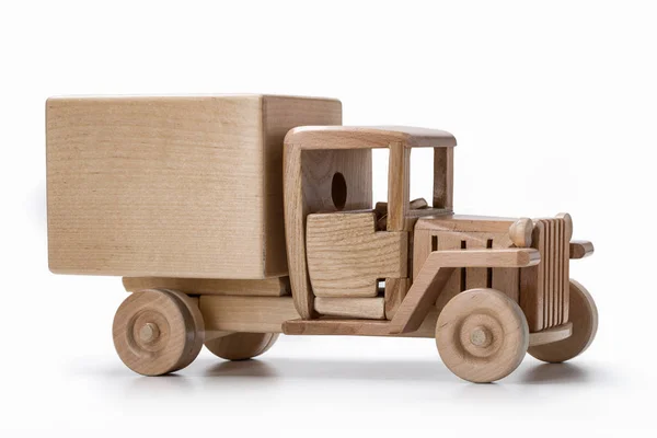 Camion fourgon jouet de voiture en bois naturel, vue latérale . — Photo