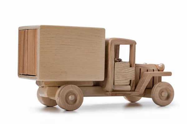 Camión van coche juguete de madera natural, vista lateral . —  Fotos de Stock