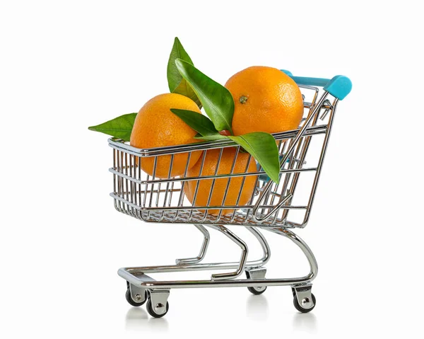 Carrello Miniatura Con Mandarini Sfondo Bianco Acquisto Frutta — Foto Stock