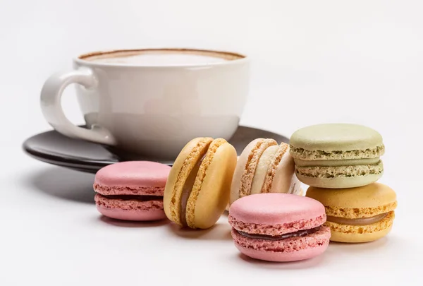 Seductive Colorful Macaroons Hot Cappuccino Coffee Break French Macaroons — Stock Photo, Image