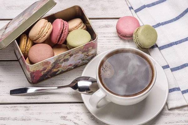 French Macaroons Bright Metal Box White Cup Coffee Wooden Surface — Stock Photo, Image