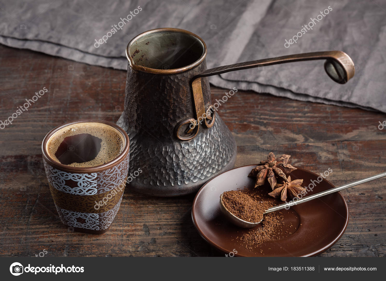 Hot Coffee Traditional Turkish Cup Copper Cezve Turka Spices Old