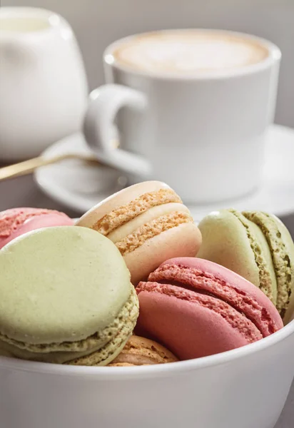 Fresh Cappuccino White Cup Spoon Saucer Colorful French Macaroons Copy — Stock Photo, Image