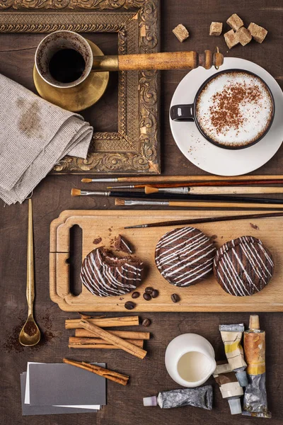 Zátiší Cappuccino Čokoláda Cookies Skořice Objekty Pro Malování Royalty Free Stock Obrázky