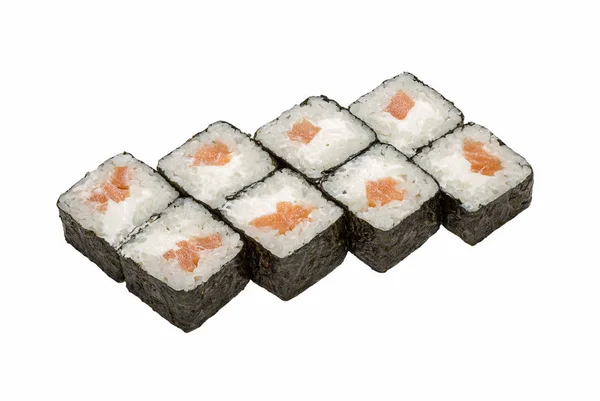 Cucina Giapponese Rotoli Sushi Sfondo Bianco Isolato Primo Piano — Foto Stock