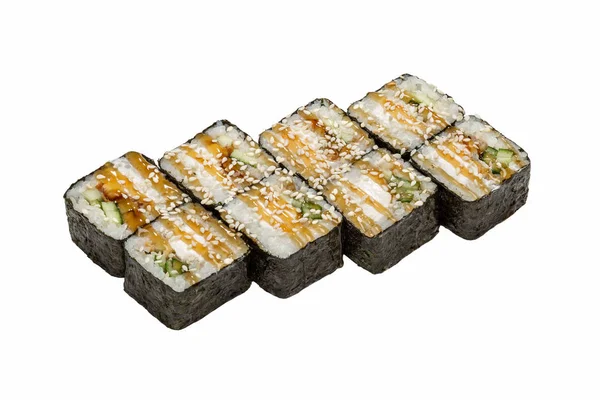 Masakan Jepang Sushi Gulung Pada Latar Belakang Putih Terisolasi Close — Stok Foto