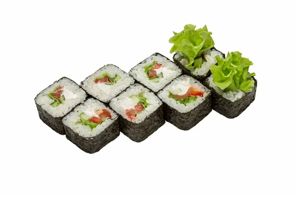Japán Konyha Sushi Tekercs Fehér Háttéren Elszigetelt Közeli — Stock Fotó