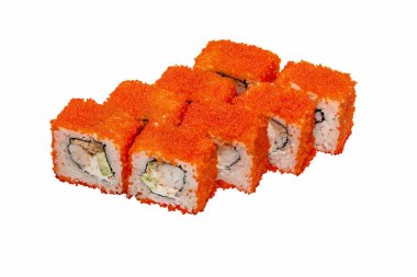 Uçan balık parlak havyar ile rulo.