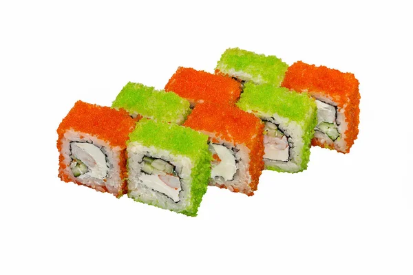 Set Mosaic Japanese Rolls Soft Cheese Shrimps Close White Background — Stock Photo, Image