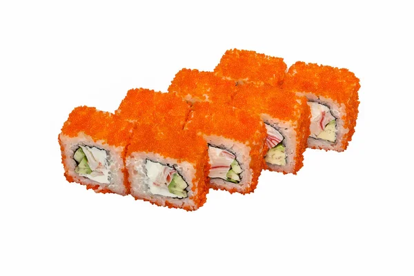 Sushi Rolls Soft Cheese Flying Fish Roe Crab Sticks Cucumber — Stock Photo, Image