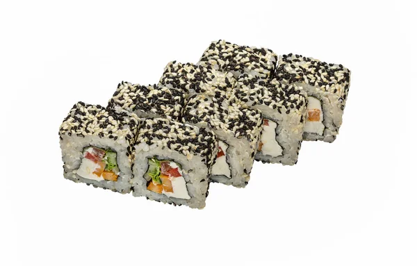 Brötchen Sushi Mit Weichkäse Und Verschiedene Meeresfrüchte Studioaufnahme Isoliert Auf — Stockfoto