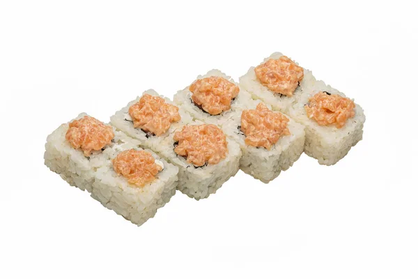 Rolos Sushi Com Frutos Mar Legumes Pintado Com Molho Multi — Fotografia de Stock