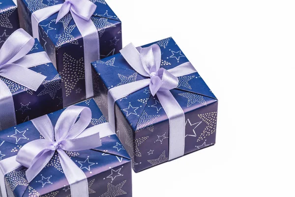 Muchas Cajas Regalo Sobre Fondo Blanco Regalos Artesanales Papel Azul — Foto de Stock