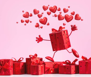 Hediye kutuları ve kırmızı kalpler, aşkın sembolü, pembe arka planda, kopyalama alanı. Sevgililer Günü, Anneler Günü, Düğün, Kadınlar Günü.