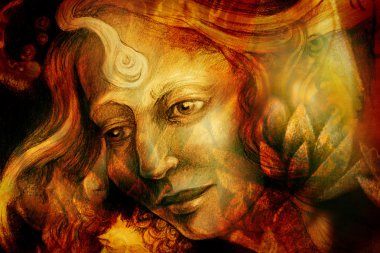 Kırmızı ve yeşil renkle boyanmış sanatsal bir kadının yakın çekim portresi.