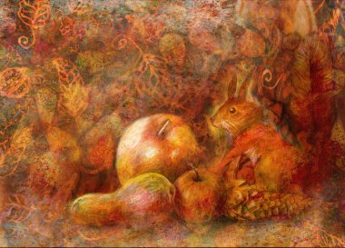 fairy tale still life with squirrel and autumn fruits on abstract background clipart