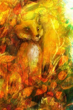 Güneş ışınlarında çimenlerde oturan turuncu tilki, yaprak süsü ile renkli boyama