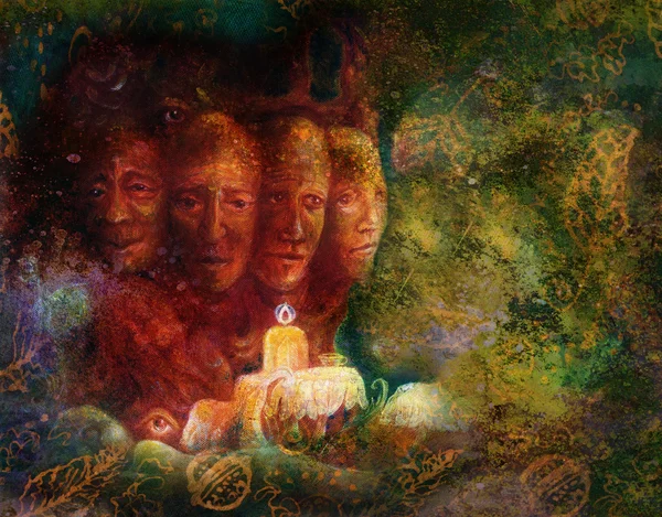 Posvátný strom čtyř obličejů, barevný obraz fantazie — Stock fotografie