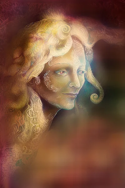 fairytale fairy woman face on abstract background with ornaments
