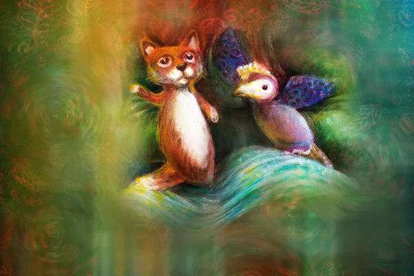 Twee dierlijke marionetten, fox en violet vogel, op abstracte achtergrond met tekst ruimte — Stockfoto