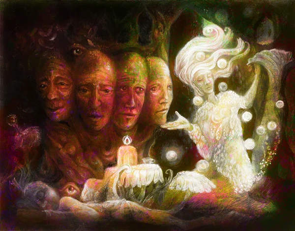 Spiritual sacred tree of four faces, fantasy colorful painting collage Royalty Free Stock Images