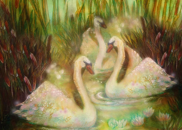 Cygnes gracieux amoureux nageant ensemble, collage illustration — Photo