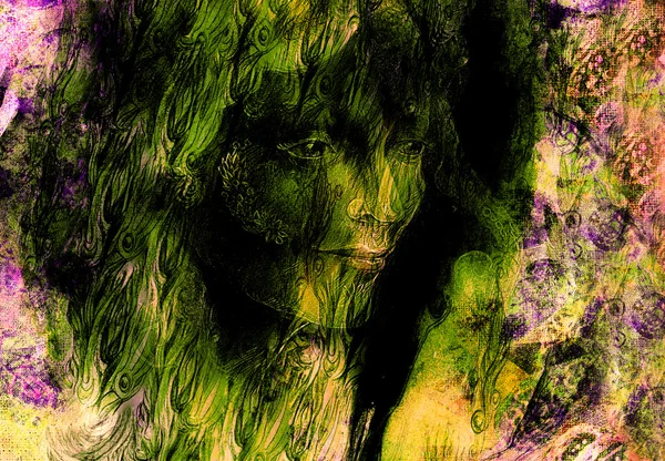 Cabeza del hada verde del bosque sobre fondo abstracto, ilustración — Foto de Stock