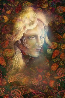 fairytale fairy woman face on abstract background with ornaments clipart