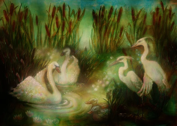 Coppia di cigni e gru uccelli allo stagno circondato da canne, illustrazione fiabesca — Foto Stock