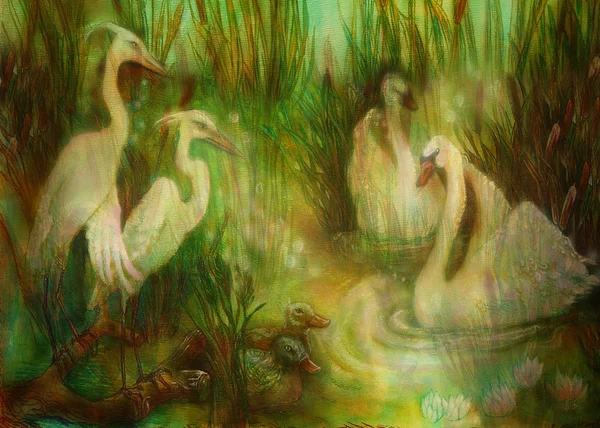 Pair of swans and crane birds at pond surrounded with reeds, fairytale illustration — Stock Photo, Image