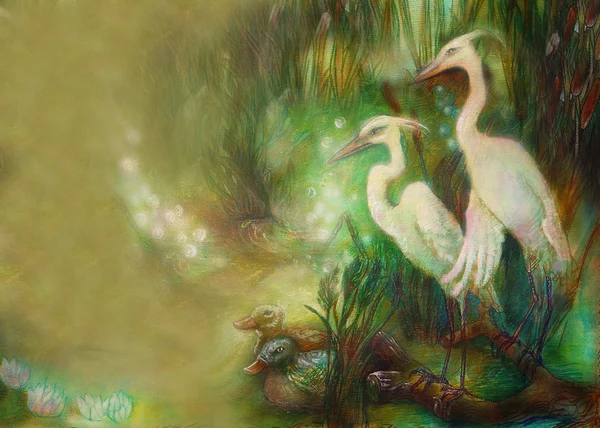 Par av crane fåglar på sjön med vass, illustration och plats för text — Stockfoto