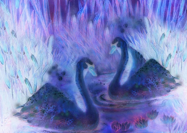 Decoratieve afbeelding in paars en lila tinten van vogels zwemmen op vijver met riet — Stockfoto