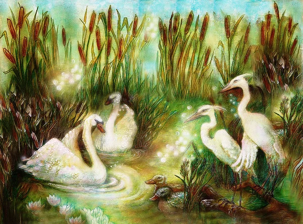 Par de cisnes y grullas en el estanque rodeado de juncos, ilustración de cuento de hadas —  Fotos de Stock