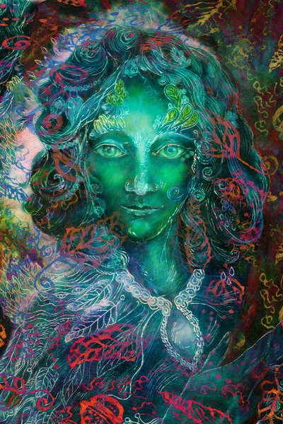 Groene fantasie fairy geest met blad versieringen, illustratie, collage — Stockfoto