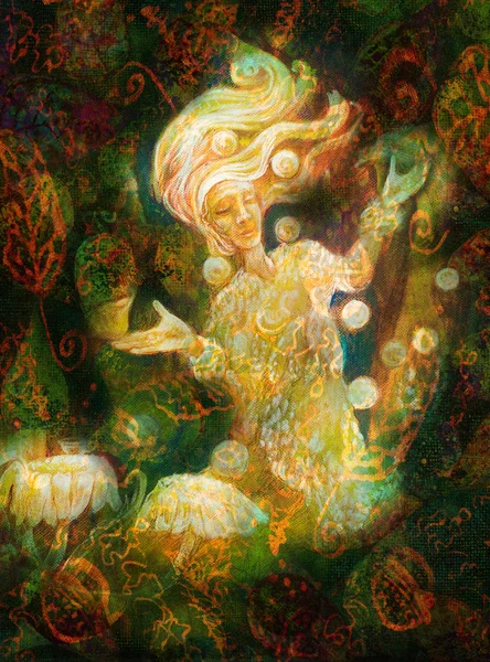 Magische stralende fairy geest in bos woning maken zwevende lichten — Stockfoto