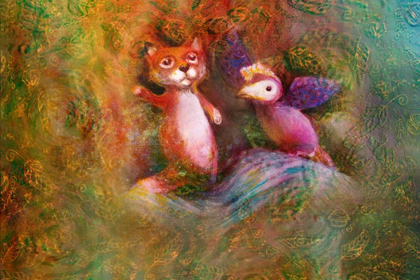 Deux marionnettes animalières, renard et oiseau violet, sur fond abstrait avec espace texte — Photo